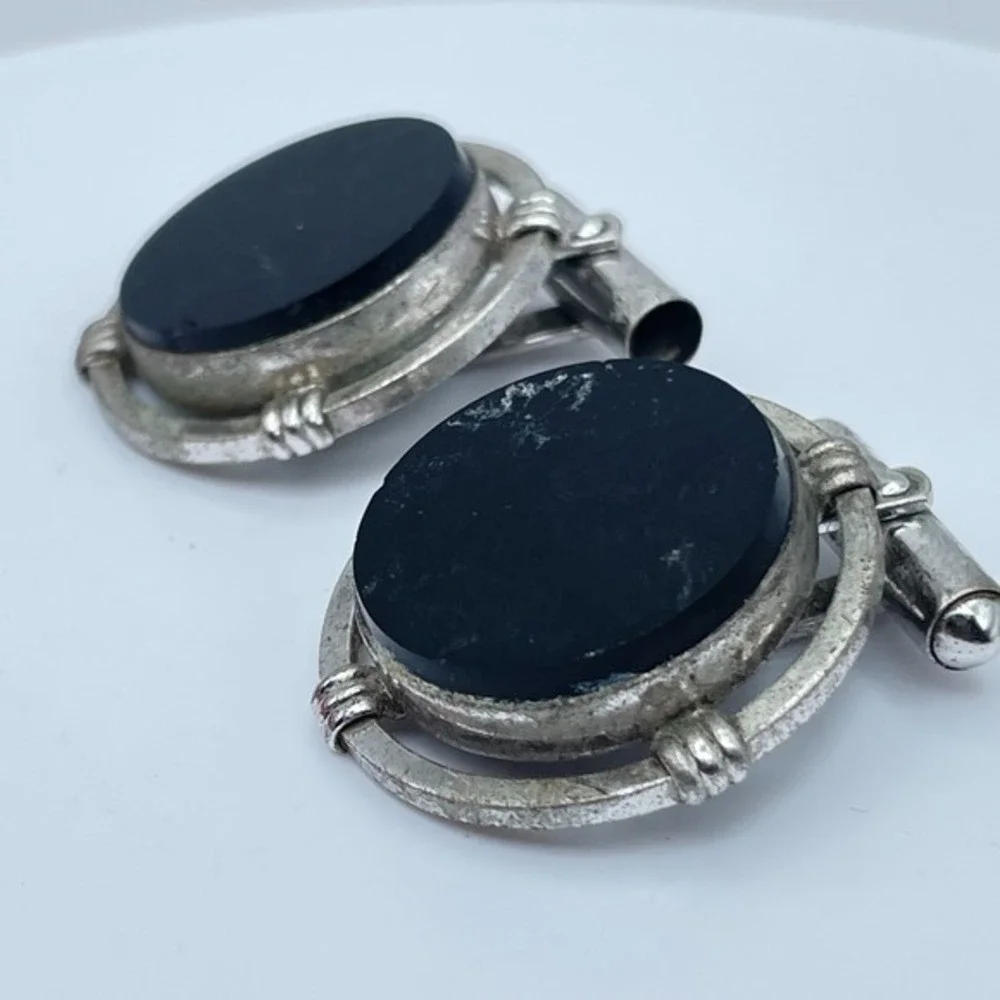 Vintage 80s Black Onyx Cufflinks Silver Tone Round Art Deco‎ Swivel Jewelry